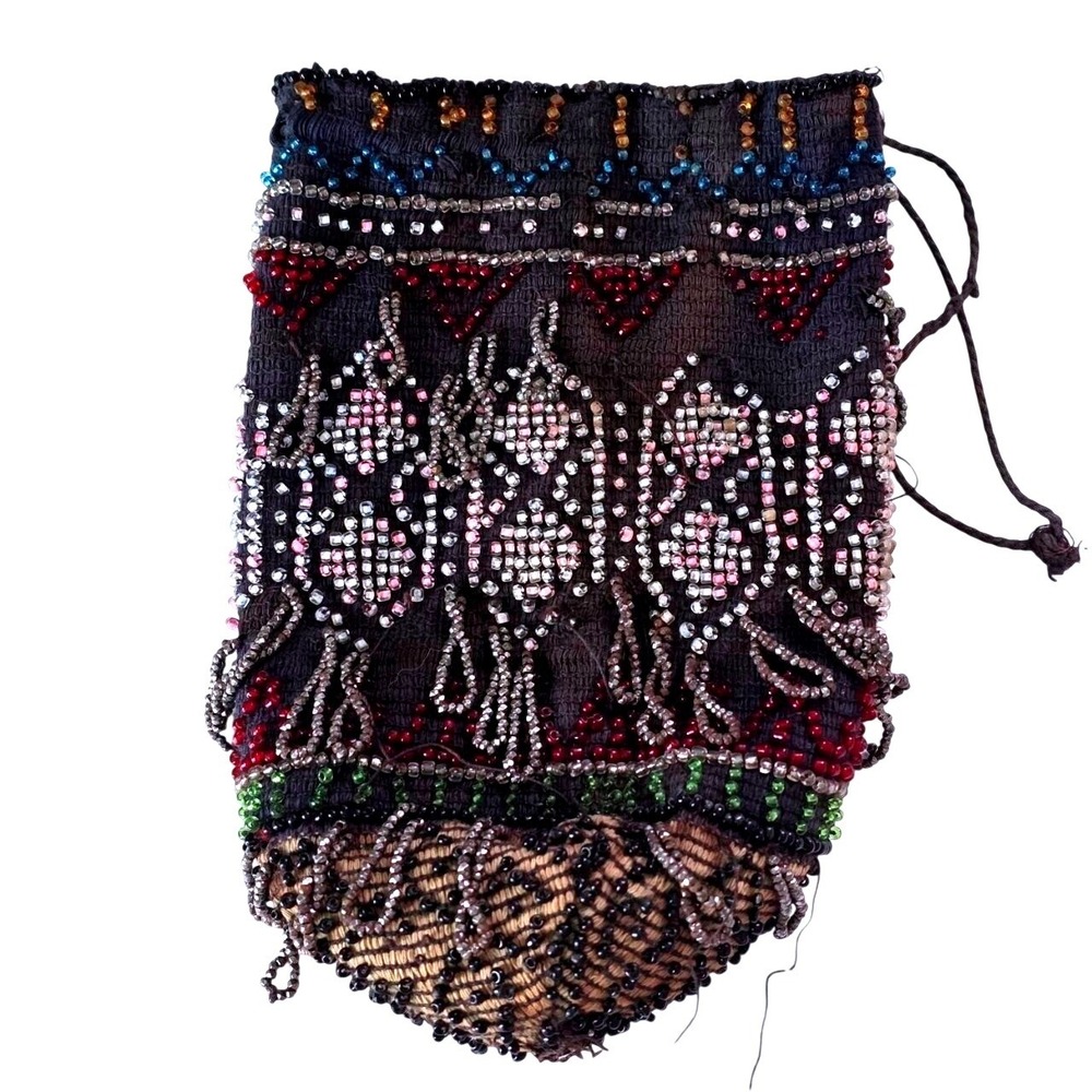 Antique Beaded Drawstring Pouch Art Deco Glass Seed Bead AS IS